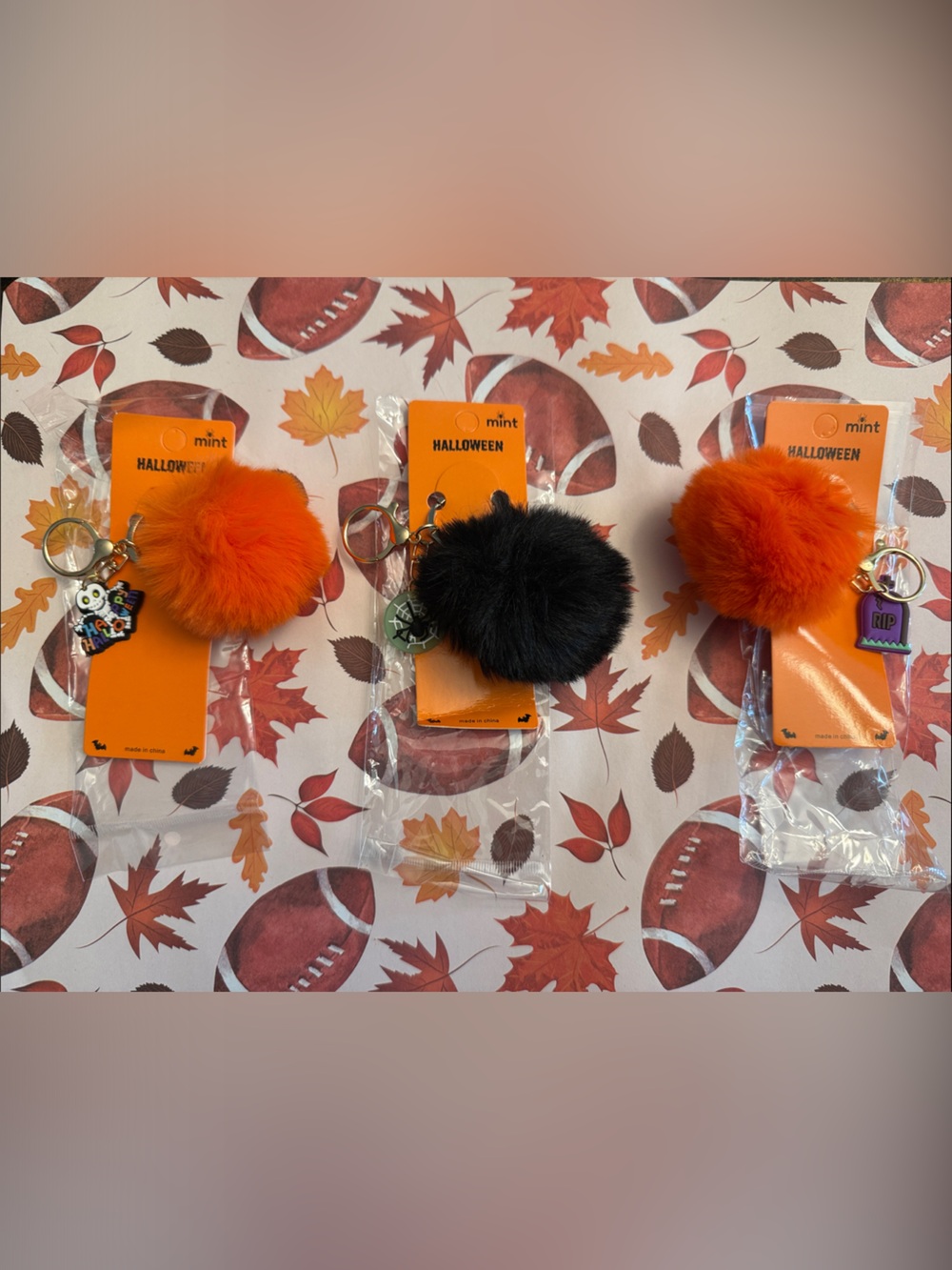 Mint Halloween Pom Pom Keychain W/Fun Charms (Variety Available)